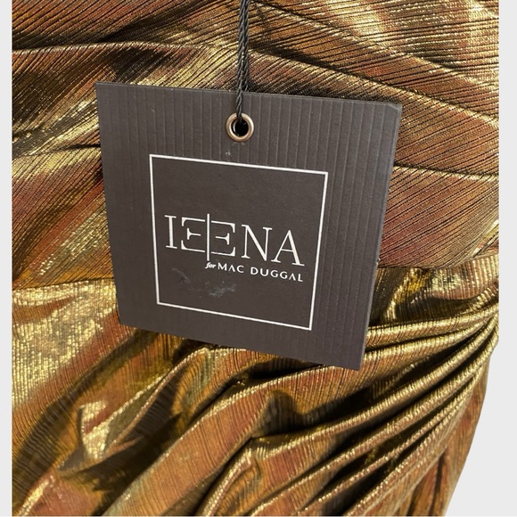 Ieena for Mac Duggal NWT Liquid Gold Asymmetrical Draped Metallic Trumpet Gown - Picture 8 of 11